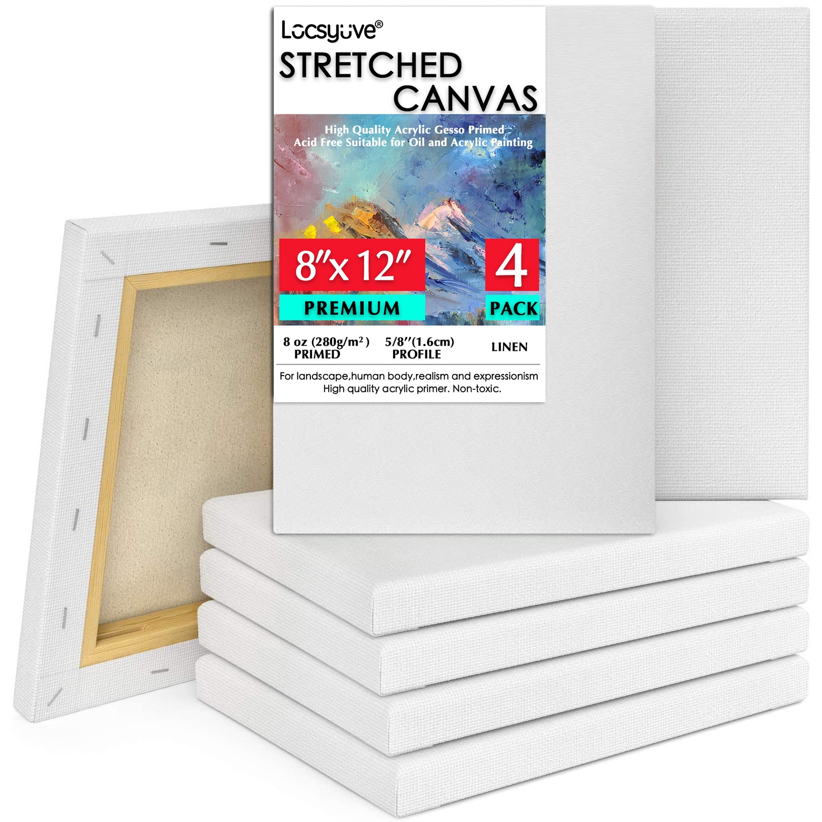 Locsyuve Stretched White Blank Canvas, 8x12 Inch, Bulk Pack of 4, Primed,100% Linen,5/8 Inch Profile of Super Value Art Canvas